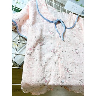 Bộ ngủ ngắn cộc tay áo cổ sen viền bèo dễ thương Cotton, Xô muslin, Lụa, Đũi, Tôn, Lanh, Kate thô DBTK