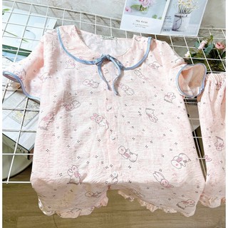 Bộ ngủ ngắn cộc tay áo cổ sen viền bèo dễ thương Cotton, Xô muslin, Lụa, Đũi, Tôn, Lanh, Kate thô DBTK