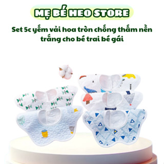  Sét 5 chiếc yếm vải hoa tròn nền trắng có lớp chống thấm mềm mại cho bé 