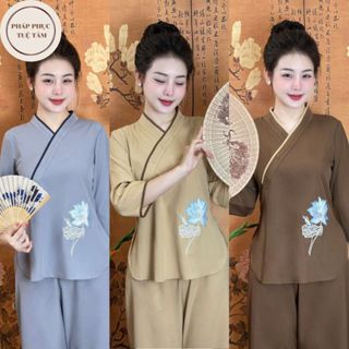 Bộ đồ đi chùa thêu hoa sen mềm mát Pháp phục lễ chùa cổ chéo tay lỡ chất liệu lụa tuyết Set đồ đi lễ lụa mềm Sang trọng