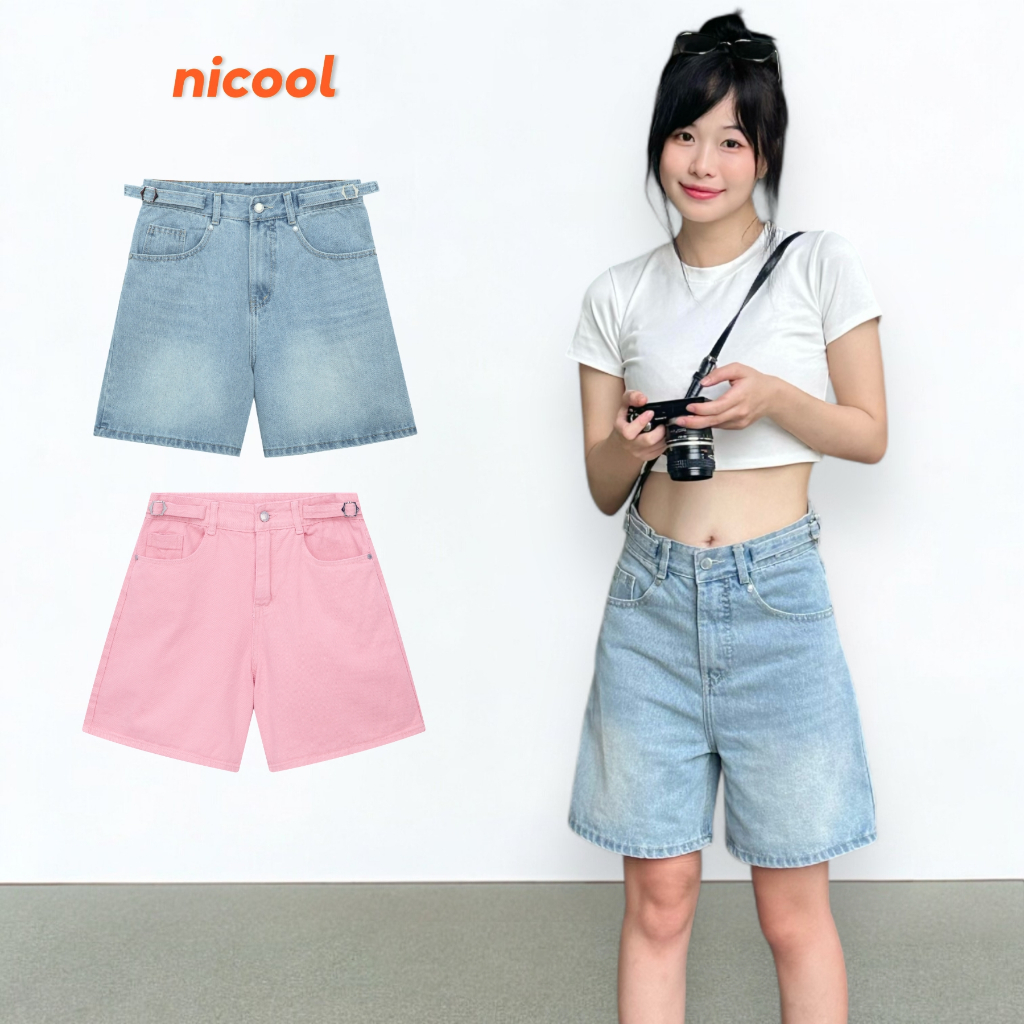 Quần Short Nữ Jean NICOOL Phối Khuyên Dây Lưng Quần Đùi Ngố Kaki Jean Dài Ngang Gối Năng Động N41-D8