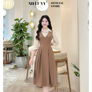 Đầm váy nữ Nhật Vy cổ sơ mi tay dài dáng xoè chất lụa công sở dự tiệc màu nâu xanh đen - D3313