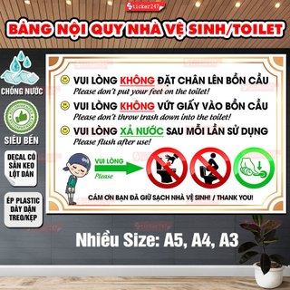  Decal Nội Quy Nhà Vệ Sinh Toilet 🌈Freeship Decal Dán Ép Plastic Không Bỏ Giấy Vào Bồn Cầu Không Đặt Chân Lên Bồn Cầu 