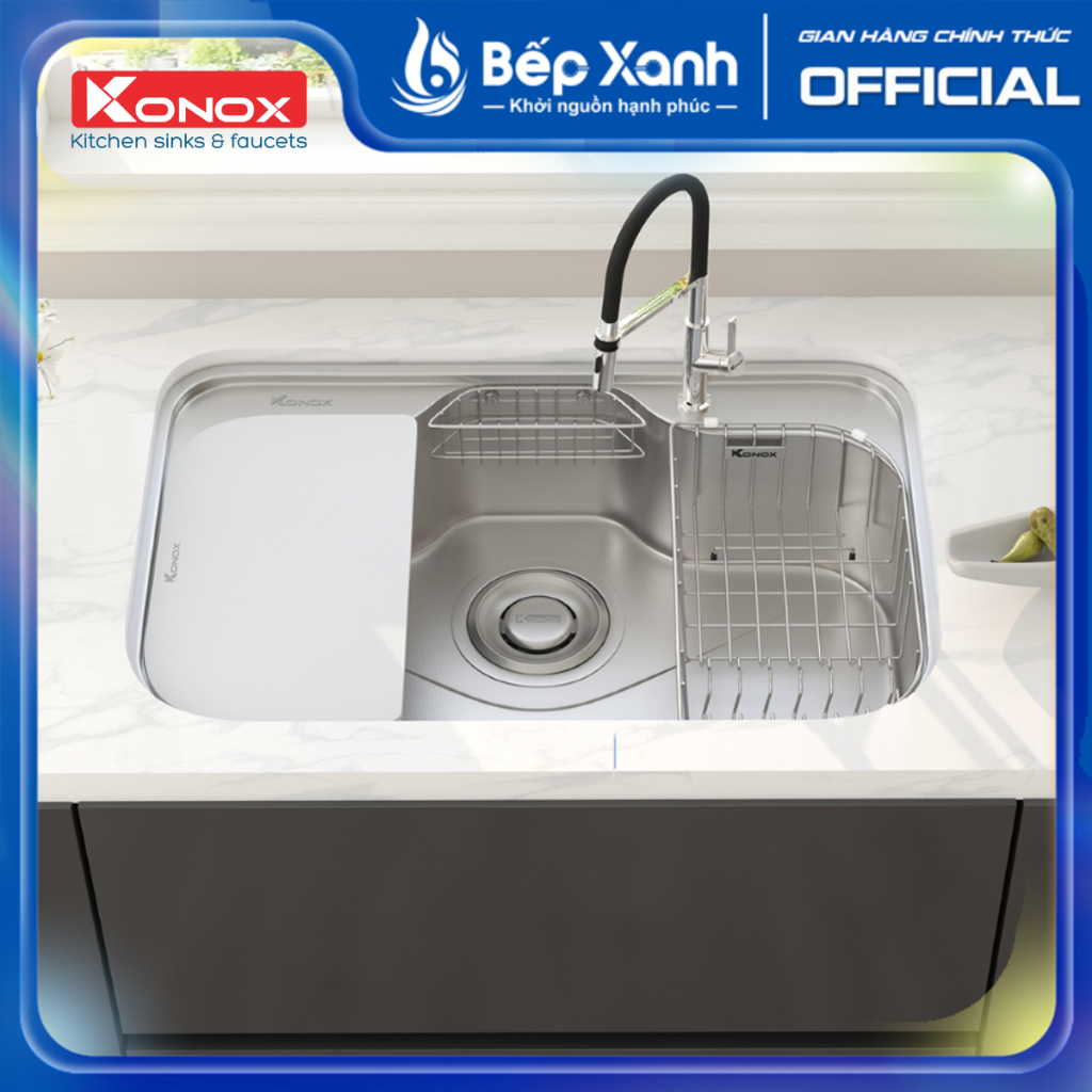 [kèm giá úp bát inox + thớt + rổ phụ] Chậu rửa bát chống xước phong cách Nhật KONOX TARI 7851SR