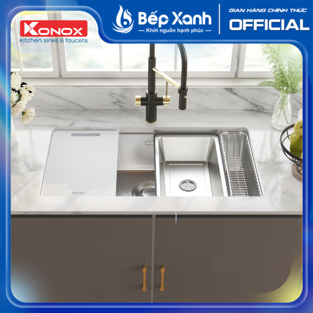 [Kèm chậu rửa nhỏ+ thớt + rổ phụ] Chậu rửa bát chống xước phong cách Nhật KONOX TARI 8748SR