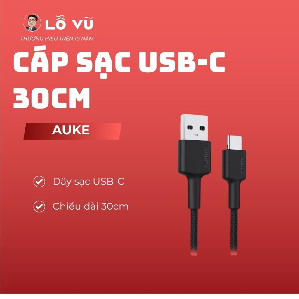 Cáp sạc AUKE USB to C, Dài 30cm, Vỏ silicon, Lỗ Vũ 1