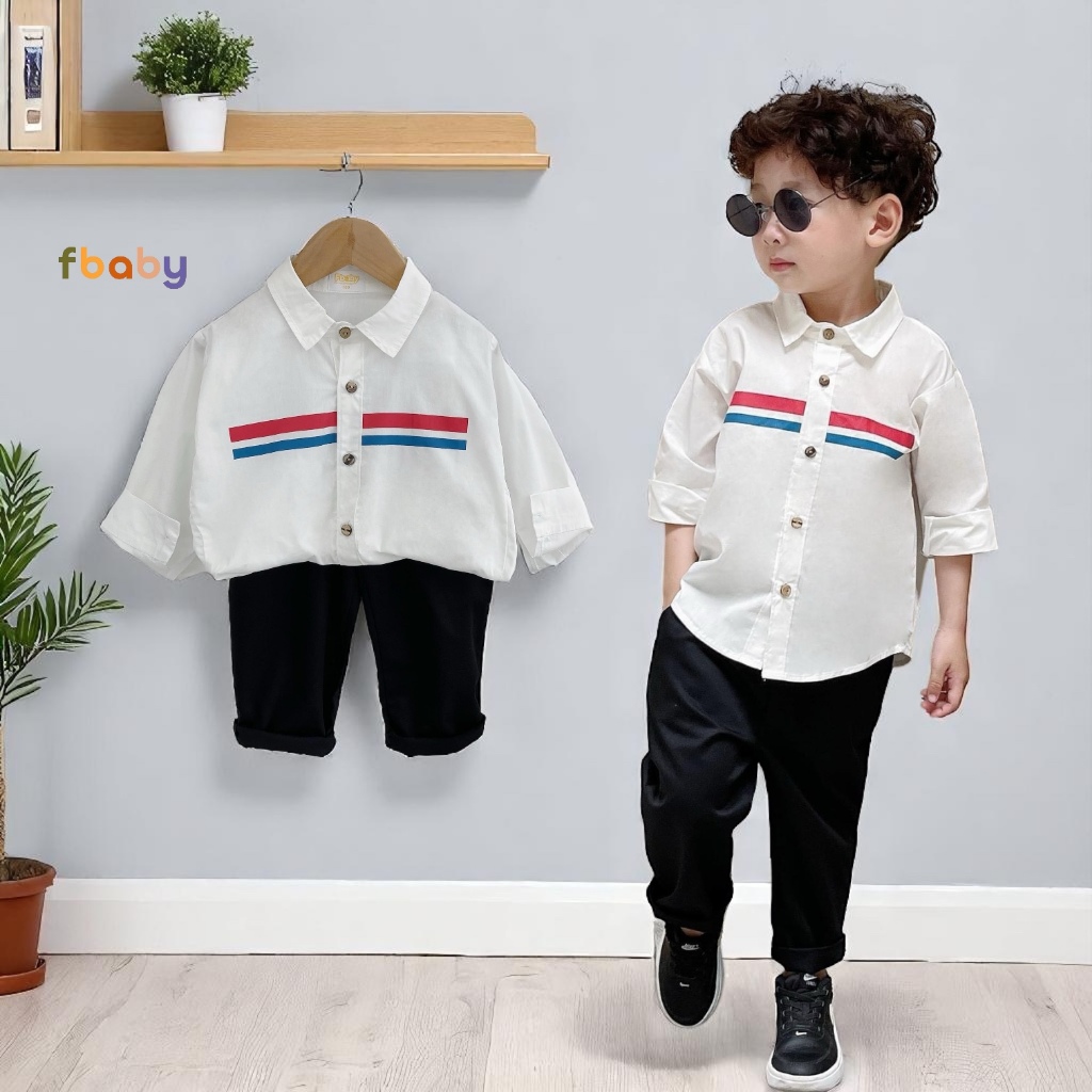 BE12 Set bộ áo sơ mi ca rô dài tay quần kaki Fbaby cho bé trai