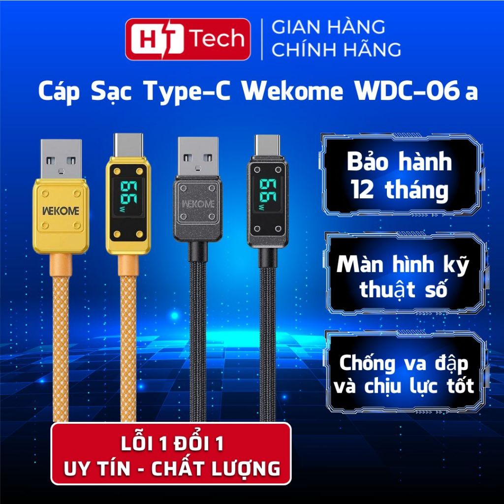 HT Tech Store Cáp sạc nhanh Type-C Wekome WDC-06i, hỗ trợ truyền dữ liệu, dây dù cao cấp