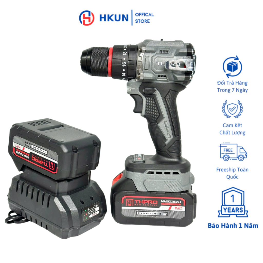 Máy Khoan Pin THPRO TH7721AK, 3 Chức Năng, Đầu 10ly Autolock, Động Cơ Không Chổi Than, Chân Pin Phổ 