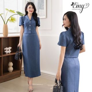 Chân Váy Nữ EMY Dự Tiệc Sang Trọng V2036 Dáng Ôm Xẻ Tà Sau, Thiết Kế Công Sở Vải Kaki Nhật Xanh Jean