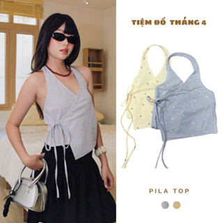 TDT4 - Áo Cổ Yếm Thêu Nhẹ, Cột Dây Eo Tôn Dáng Màu Vàng Xanh Size S/M Hot Trend Hè 2025 PILA TOP