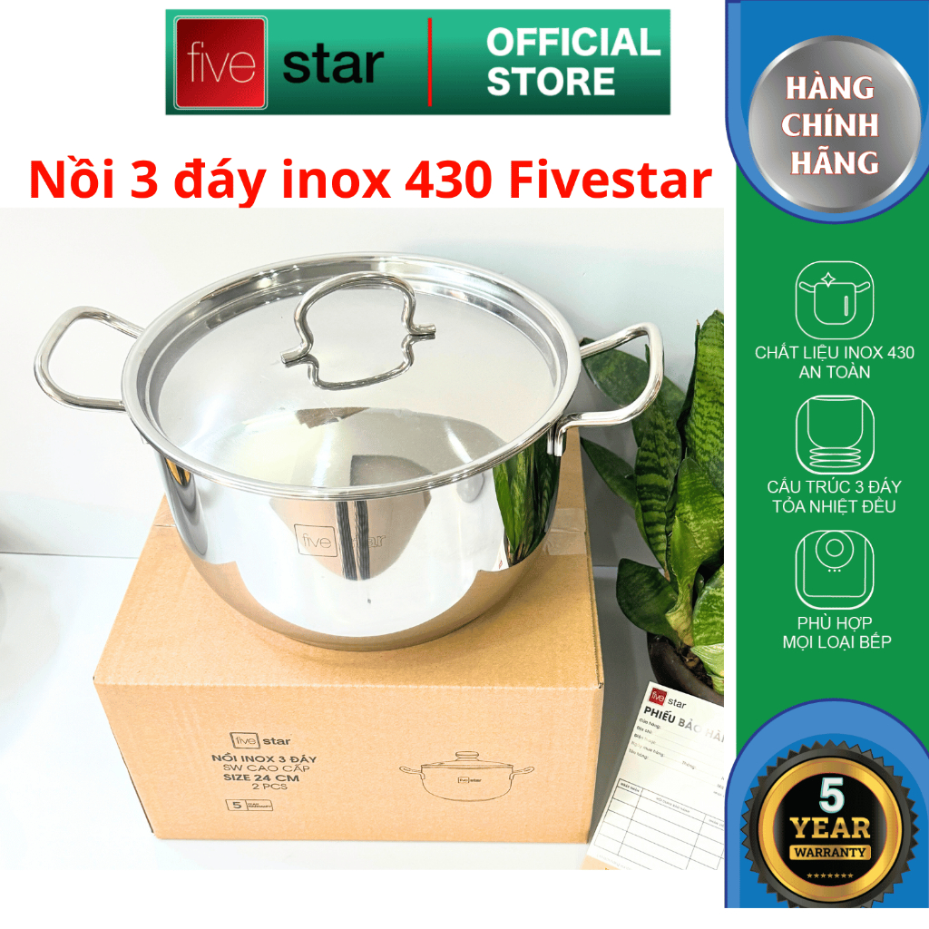 Nồi inox 3 đáy sandwich inox 430 FiveStar Standard bếp từ nắp inox ( 16cm / 18cm / 20cm / 24cm ) , dùng được mọi bếp