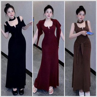 D72 Đầm dáng dài kèm khăn choàng chất thun tăm có độ co giãn