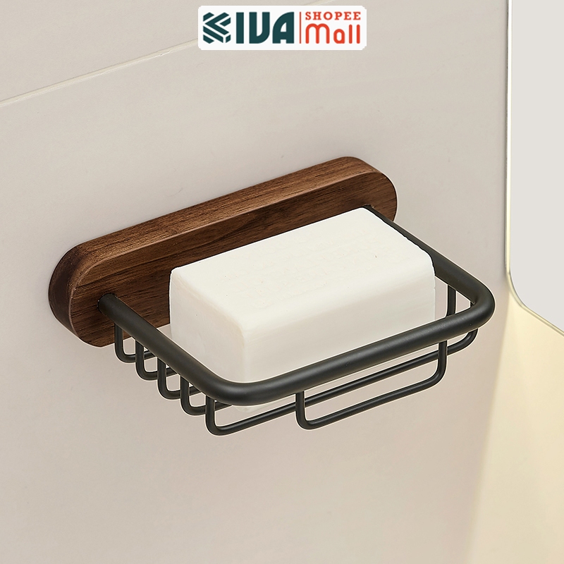 Khay đựng xà phòng, xà bông cục KIVA, chất liệu gỗ óc chó cao cấp, lắp đặt dán tường.