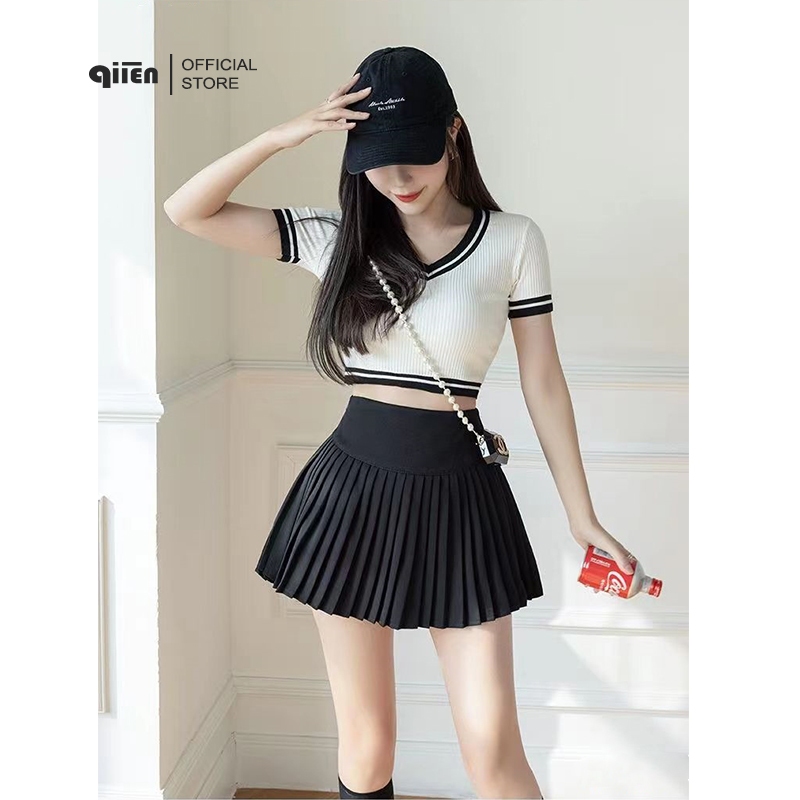 V102 [CÓ LÓT] Chân Váy Xếp Ly Ngắn QIIEN Dáng Xòe Basic Màu Đen Trắng, Chân Váy Tennis Cạp Cao Có Quần Bảo Hộ Cao Cấp | BigBuy360 - bigbuy360.vn