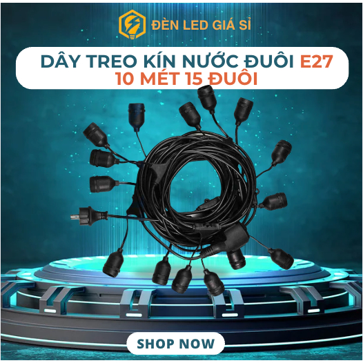 [Không bóng] Bộ Dây Treo Kín Nước Dài 10M 15 Đuôi Đèn E27. Trang Trí Sân Vườn, Decor Trang Trí Ngoài Trời