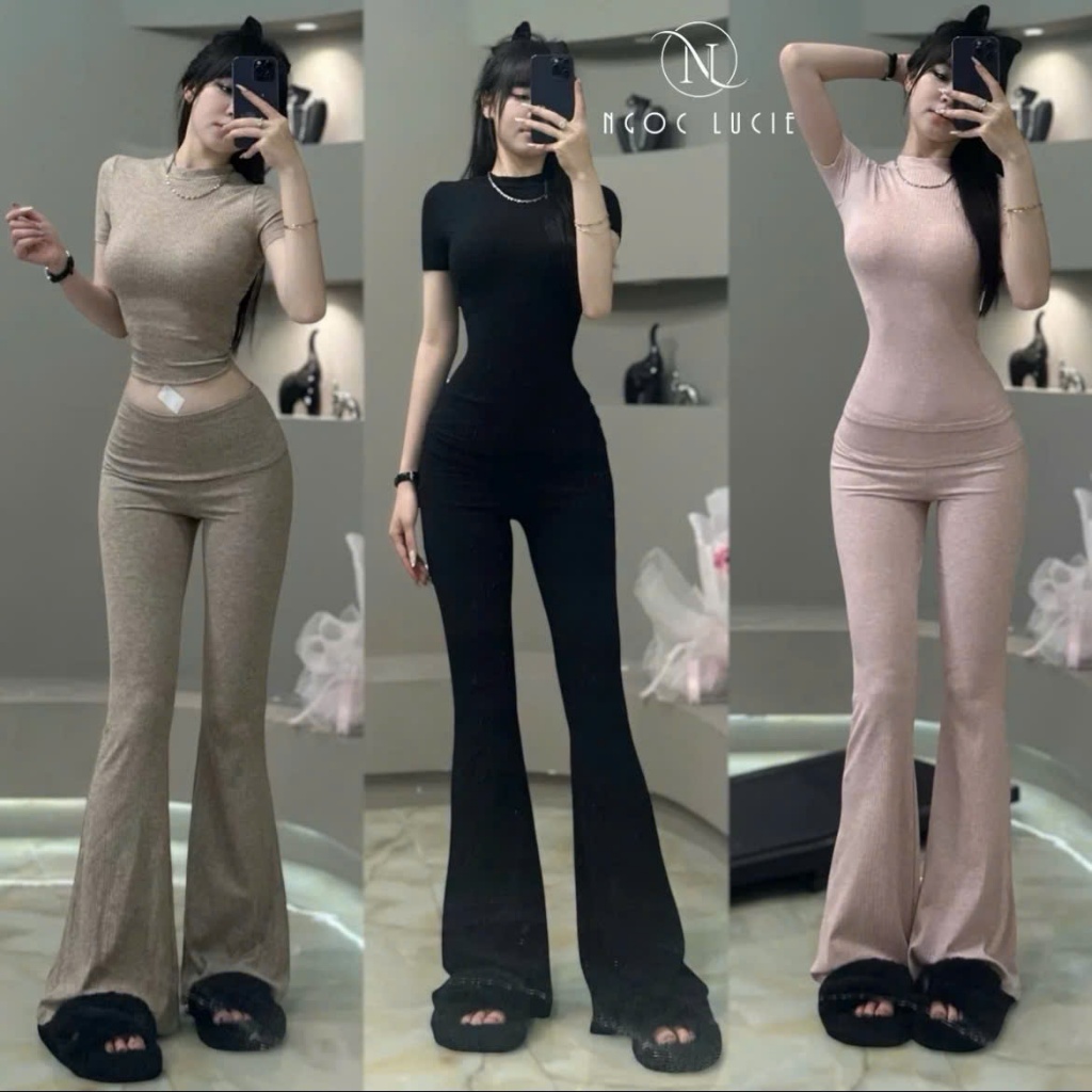 S332 - Set Đồ Nữ Quần Ống Loe Cạp Trễ + Áo Tay Ngắn Cổ Tròn - Ngọc Lucie | BigBuy360 - bigbuy360.vn