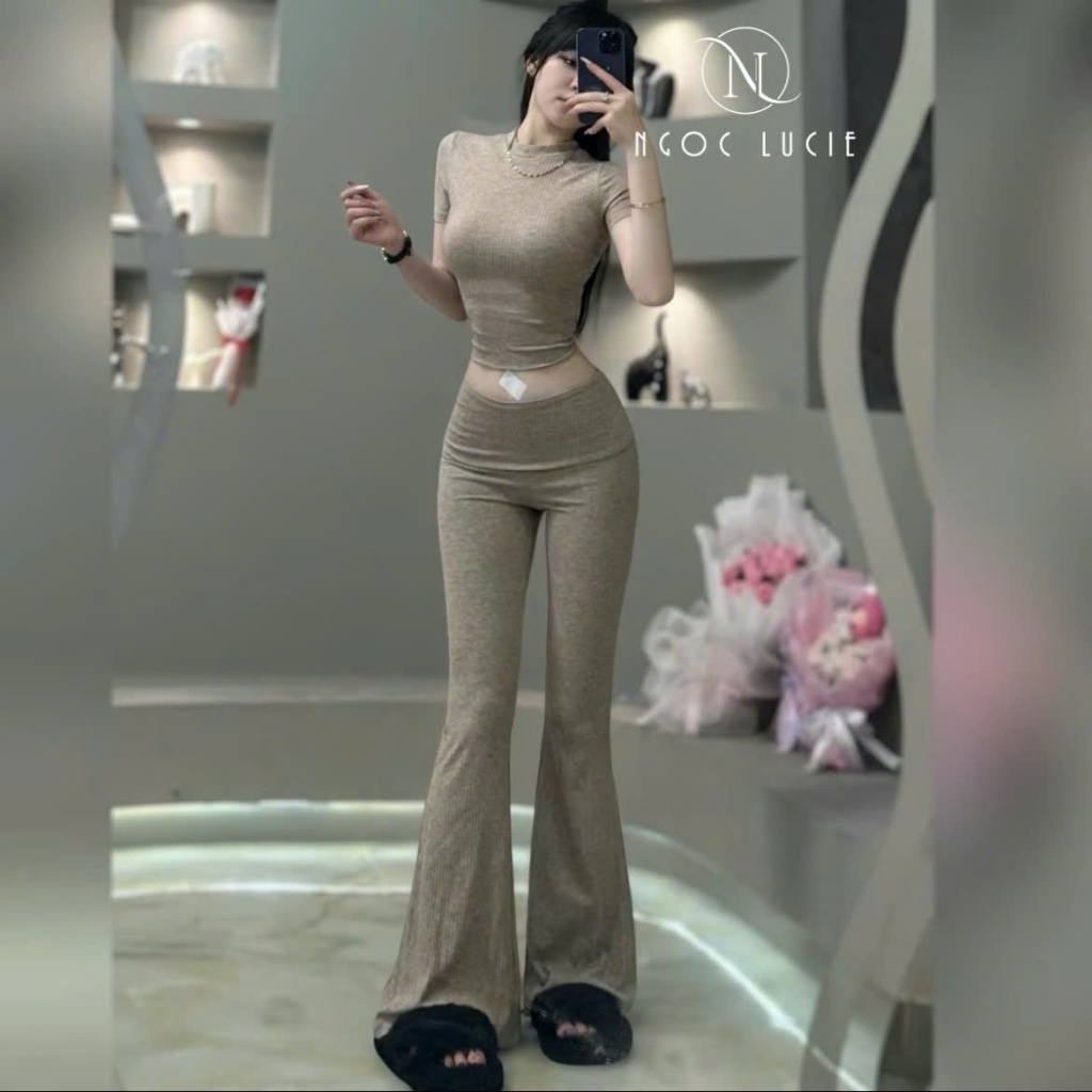 S332 - Set Đồ Nữ Quần Ống Loe Cạp Trễ + Áo Tay Ngắn Cổ Tròn - Ngọc Lucie | BigBuy360 - bigbuy360.vn