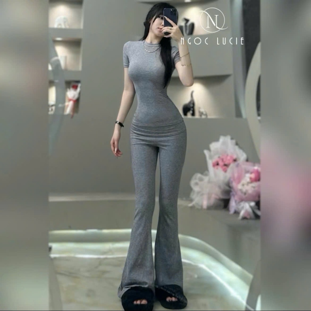 S332 - Set Đồ Nữ Quần Ống Loe Cạp Trễ + Áo Tay Ngắn Cổ Tròn - Ngọc Lucie | BigBuy360 - bigbuy360.vn