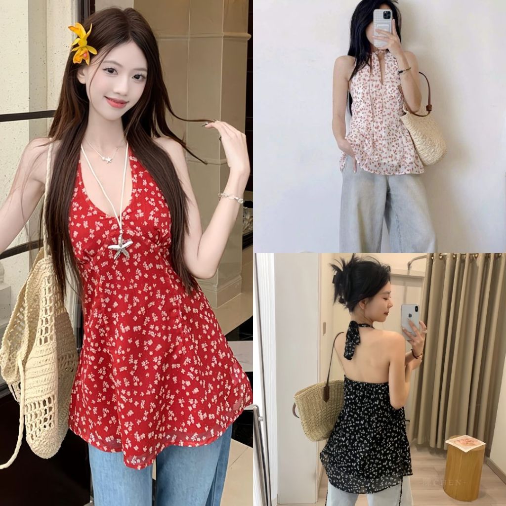 Áo Cổ Yếm Hoa Nhí Dáng Xoè 3 Màu Đi Biển Siêu Xinh, Labibi