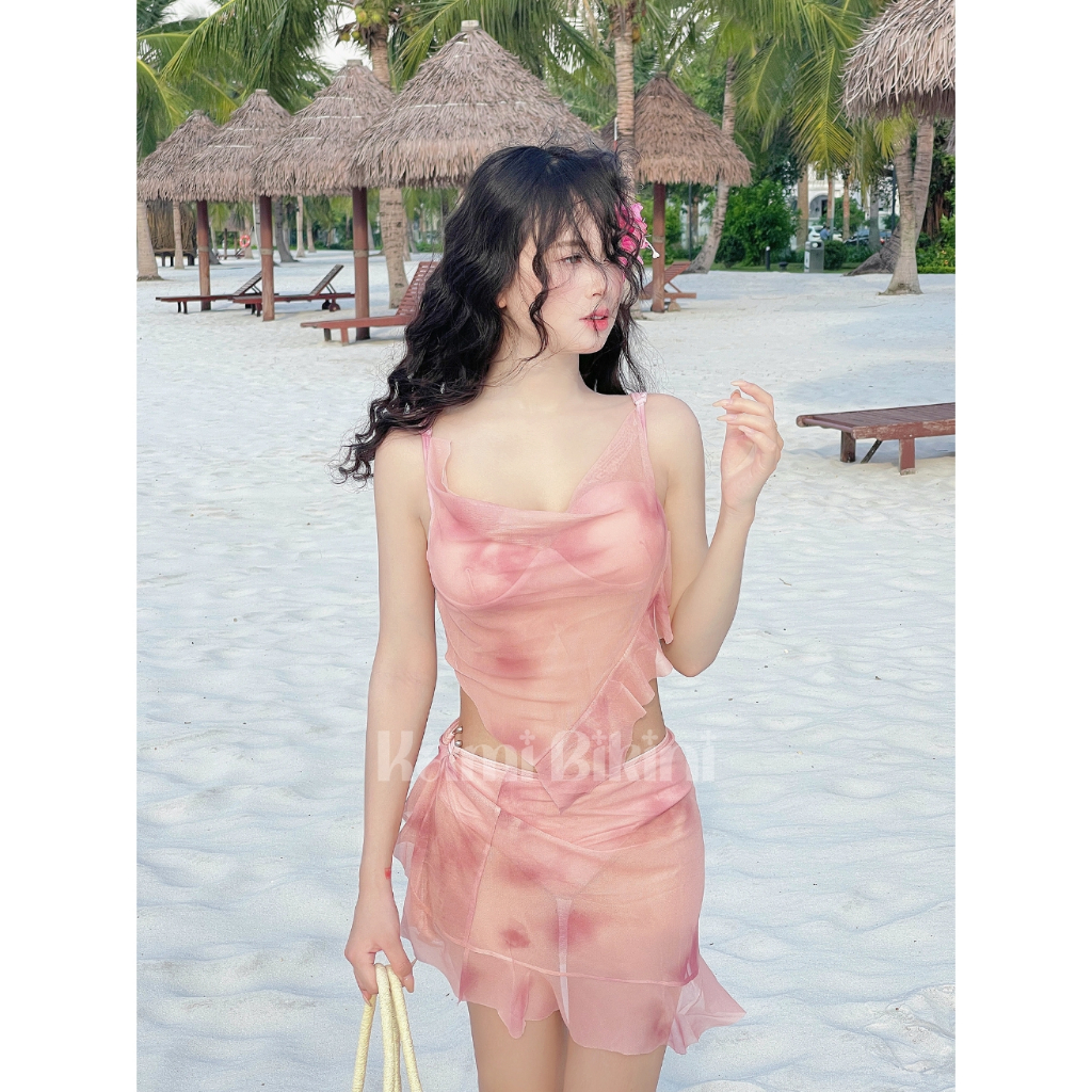 Bikini 3 chi tiết đi biển họa tiết hồng đất, Đồ bơi nữ buộc dây phong cách nóng bỏng có đệm mút ngực <50kg - Mã B05 | BigBuy360 - bigbuy360.vn