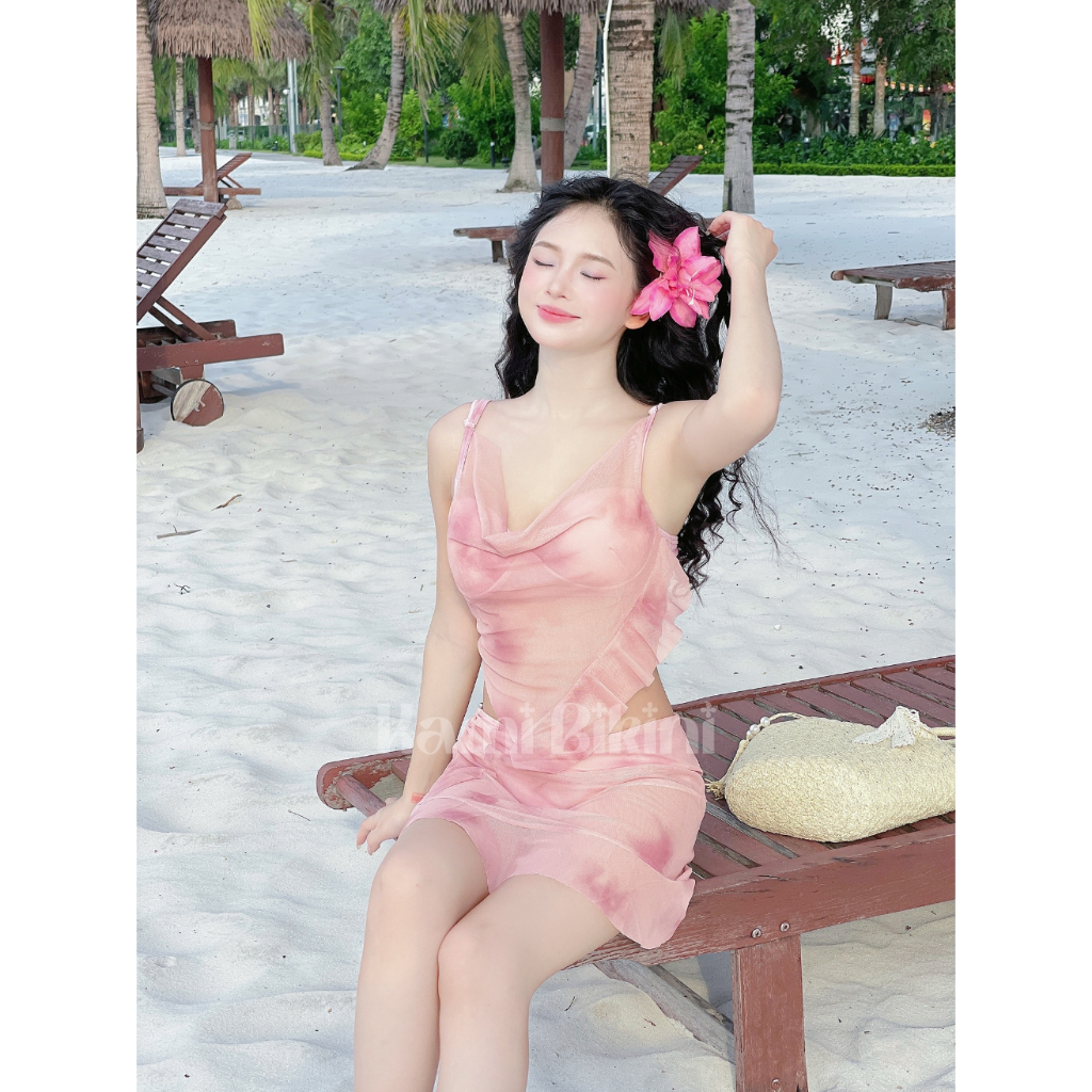 Bikini 3 chi tiết đi biển họa tiết hồng đất, Đồ bơi nữ buộc dây phong cách nóng bỏng có đệm mút ngực <50kg - Mã B05 | BigBuy360 - bigbuy360.vn