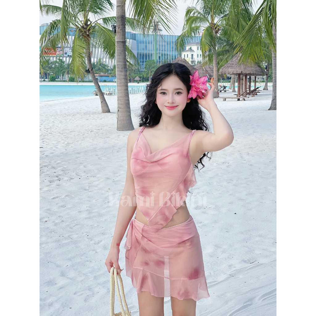 Bikini 3 chi tiết đi biển họa tiết hồng đất, Đồ bơi nữ buộc dây phong cách nóng bỏng có đệm mút ngực <50kg - Mã B05 | BigBuy360 - bigbuy360.vn