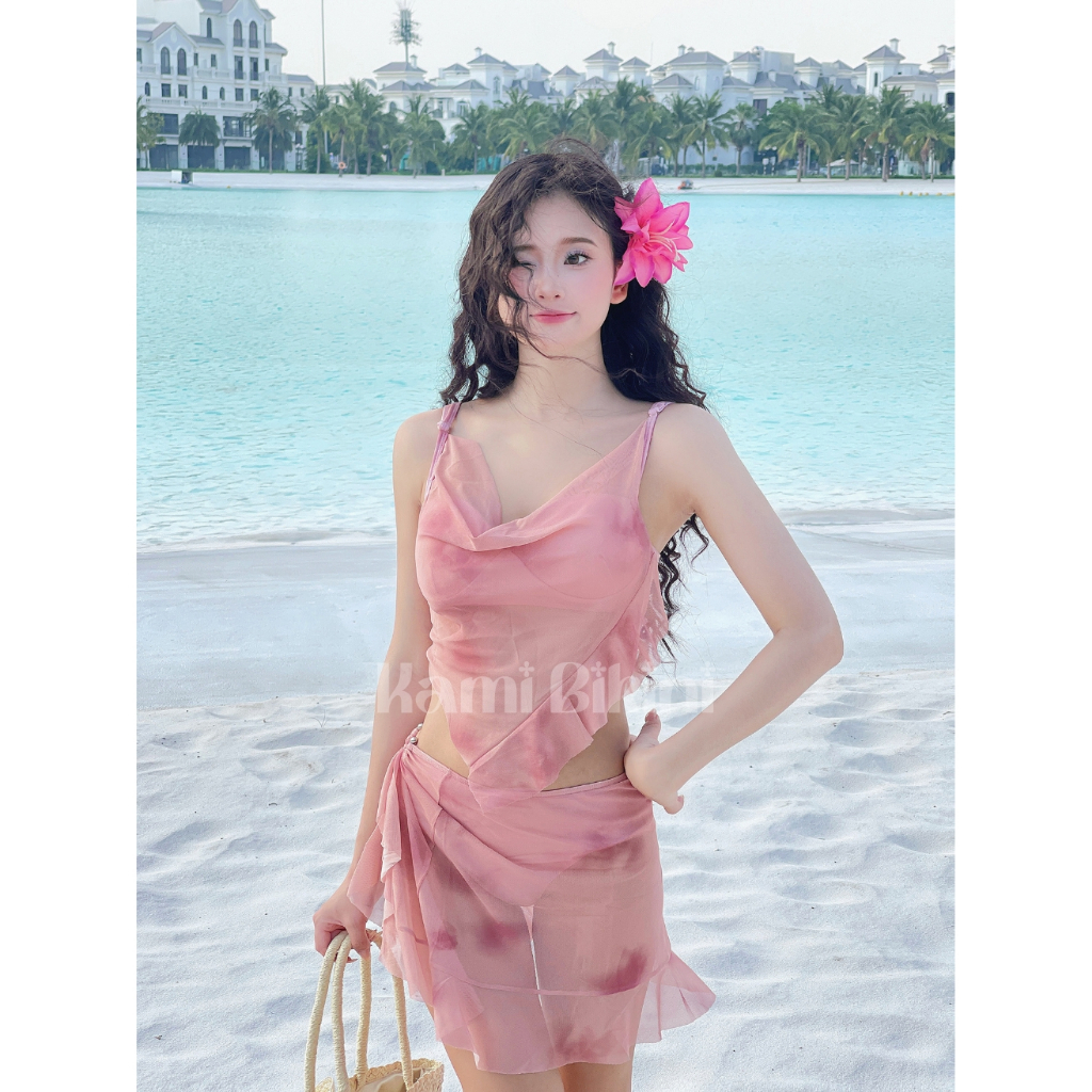 Bikini 3 chi tiết đi biển họa tiết hồng đất, Đồ bơi nữ buộc dây phong cách nóng bỏng có đệm mút ngực <50kg - Mã B05 | BigBuy360 - bigbuy360.vn