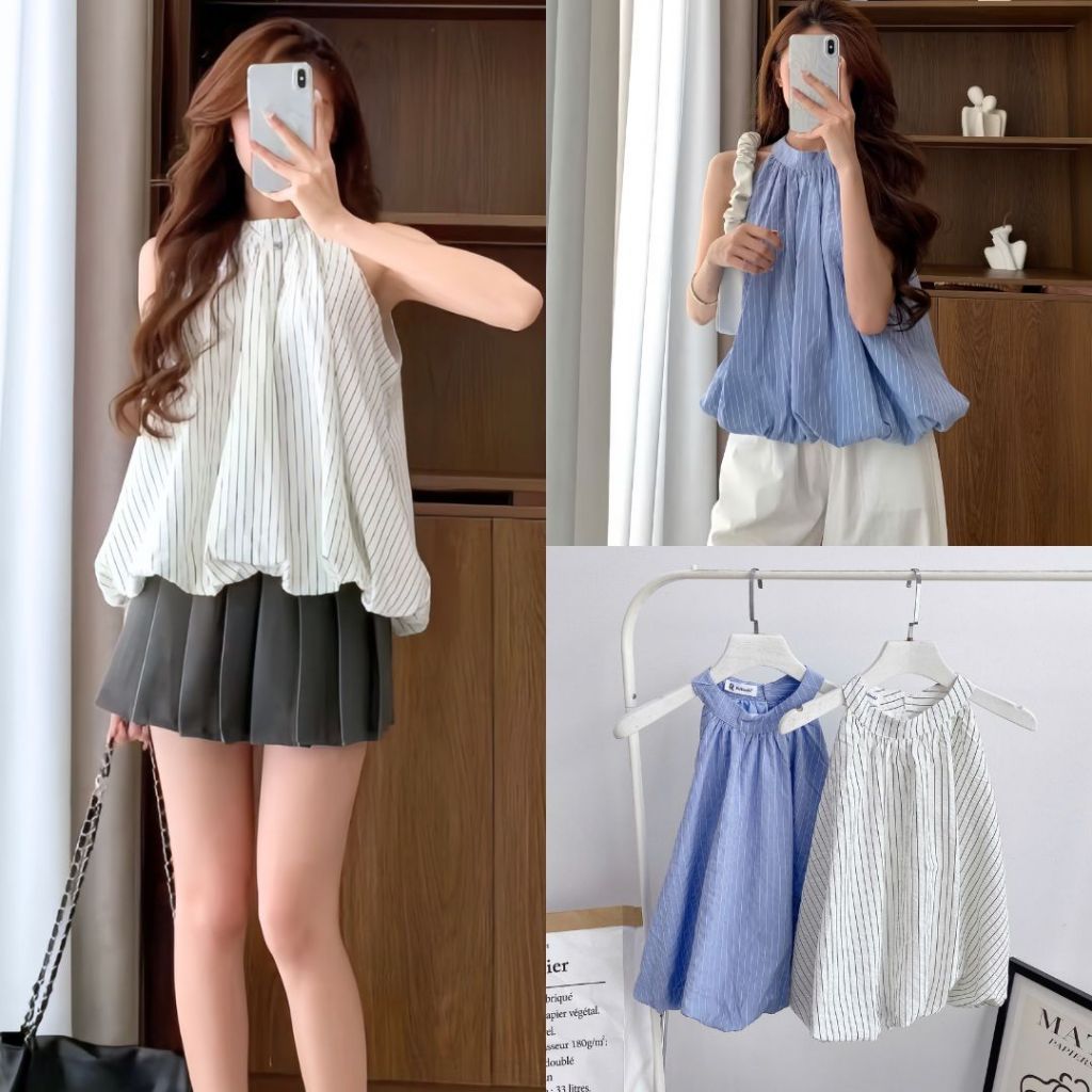 Áo Cổ Yếm Dáng Bí Trứng Phồng Hoạ Tiết Kẻ Sọc, Labibi