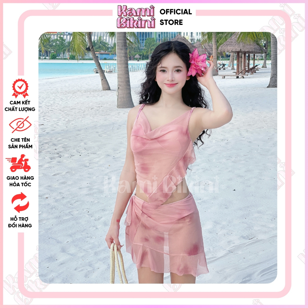 Bikini 3 chi tiết đi biển họa tiết hồng đất, Đồ bơi nữ buộc dây phong cách nóng bỏng có đệm mút ngực <50kg - Mã B05 | BigBuy360 - bigbuy360.vn