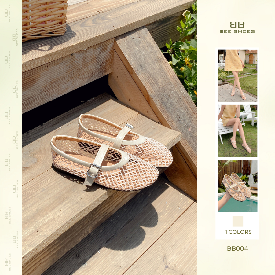 Giày búp bê nữ BEESHOES lưới mũi tròn đế vuông bệt sẵn màu kem BB004