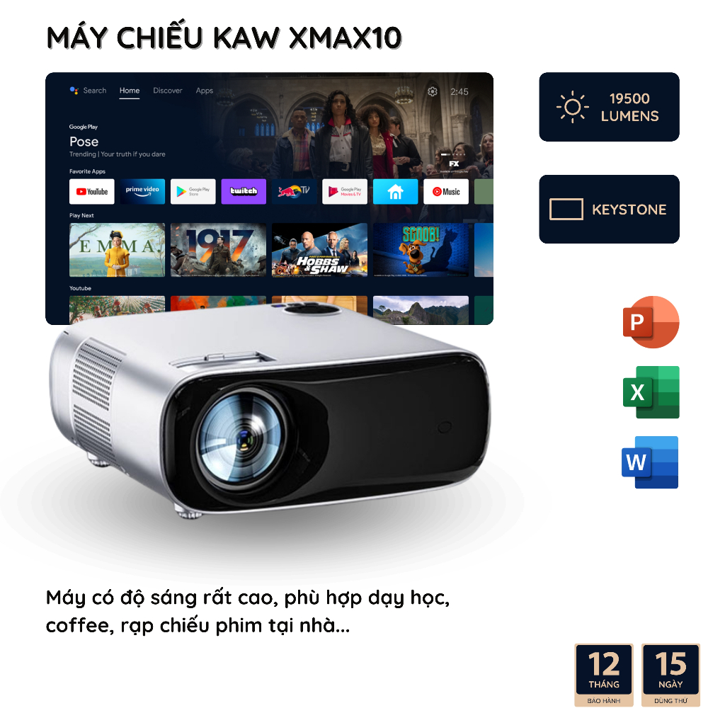 Máy Chiếu Chính Hãng KAW XMAX10 - Độ Sáng Cao 19500 Lumens, Hỗ Trợ Video 4K, Bảo Hành 12 Tháng