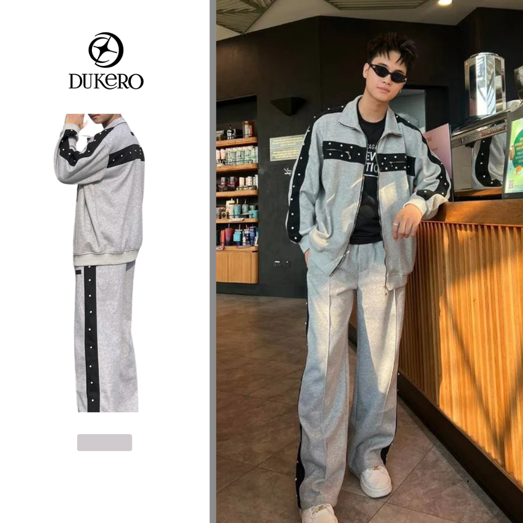 Bộ quần áo nam Dukero cao cấp chất liệu nỉ xám đính đá phong cách thể thao