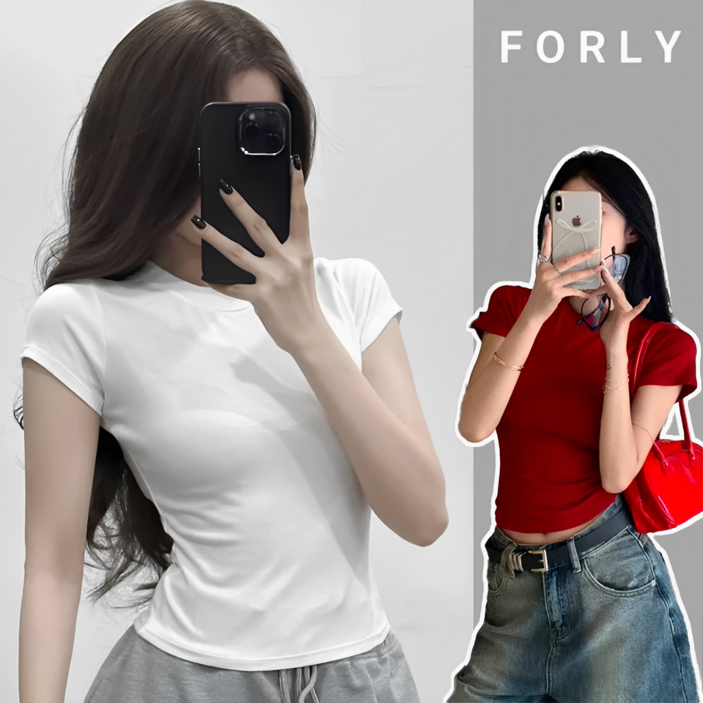 Áo Thun Nữ Ngắn Tay Cổ Tròn Dáng Dài Forly Studio Áo Thun Form Ôm Body Tôn Dáng Chất Chun Cotton 4 C