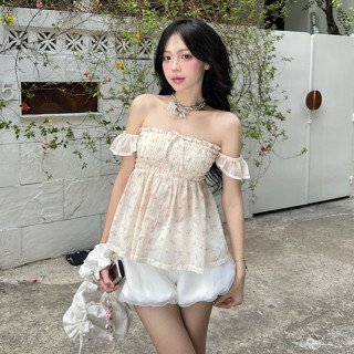 Áo Trễ Vai Họa Tiết Hoa Nhí Bo Chun Ngực Lên Dáng Tiểu Thư Sang Chảnh, Áo Trễ Vai Chất Voan Mềm SUMMER TOP 2025