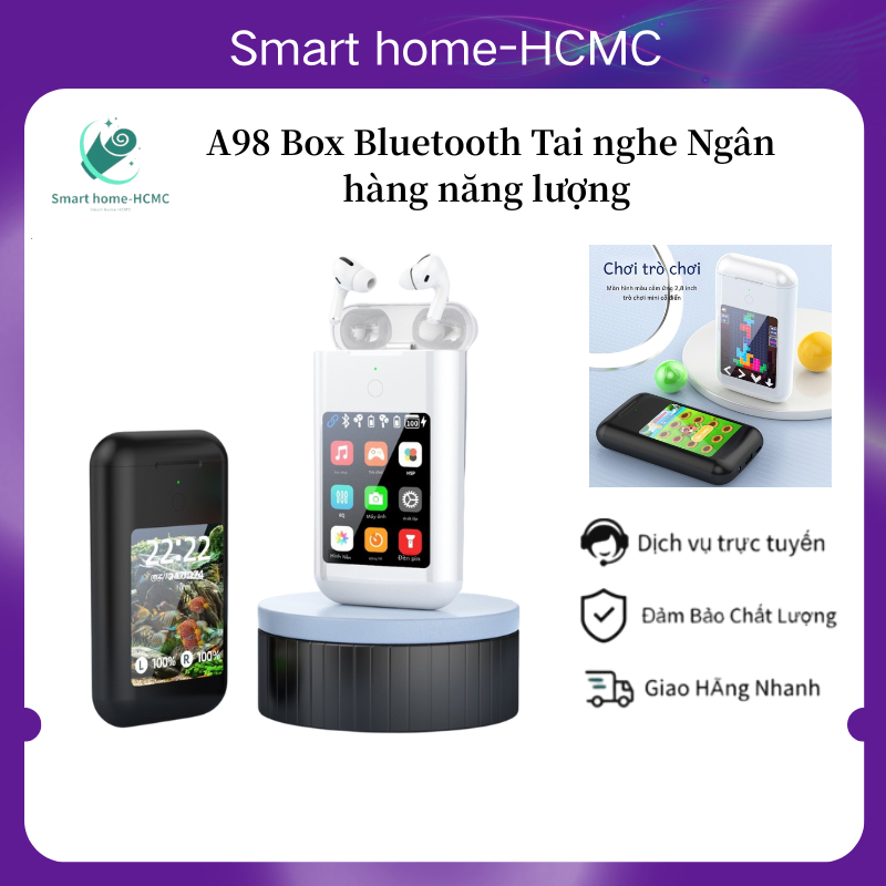 A98 Box Tai nghe Không Dây kiêm Sạc Dự Phòng 2,8 inch,Chống ồn chủ động,Màn Hình Cảm Ứng, Đèn Pin Kh