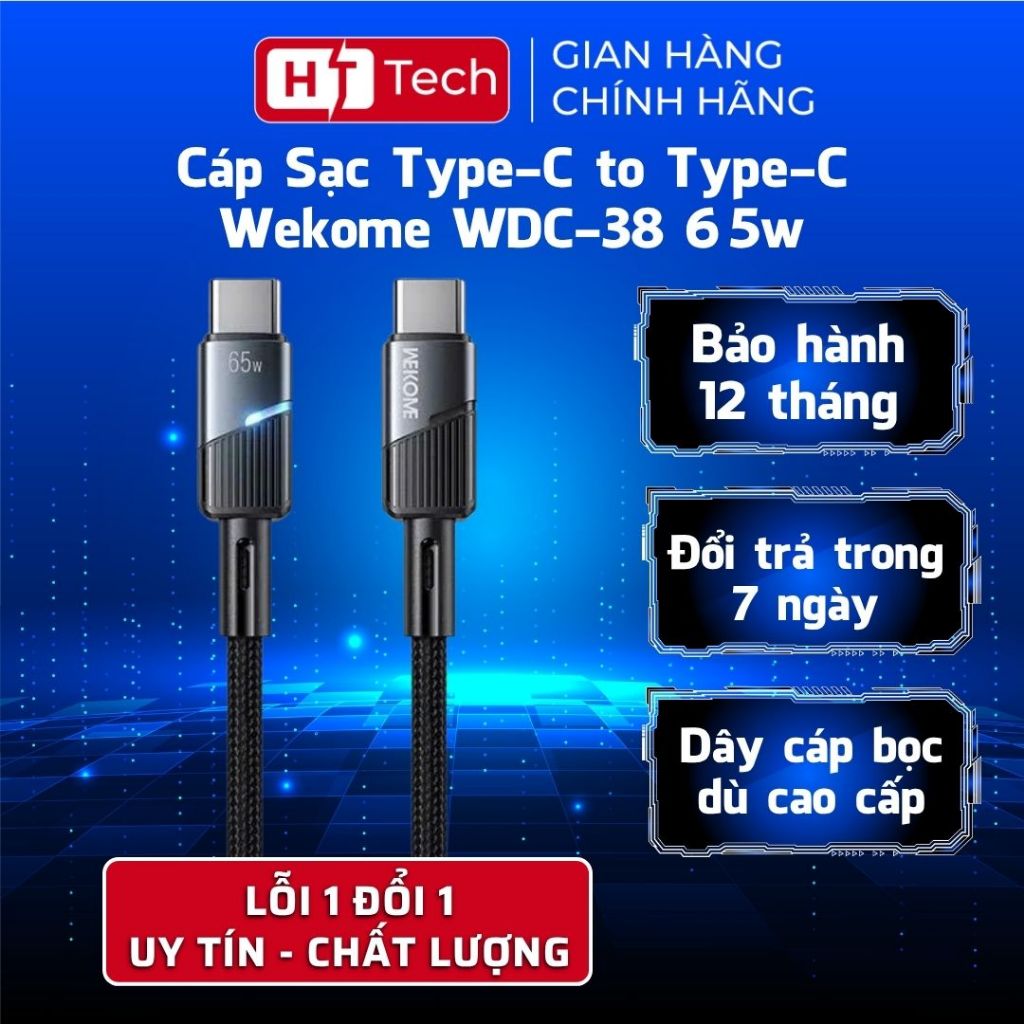 HT Tech Store Cáp Sạc Nhanh Tự Ngắt Type-C to Type-C Wekome WDC-38 65w, Siêu Bền Có Đèn Báo sáng