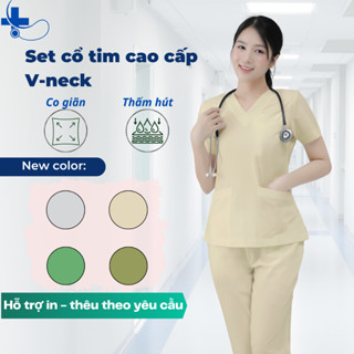 Bộ scrubs cao cấp, bộ blouse cổ tim, đồng phục cho kỹ thuật viên, dược sỹ, y tá, bác sĩ điều dưỡng