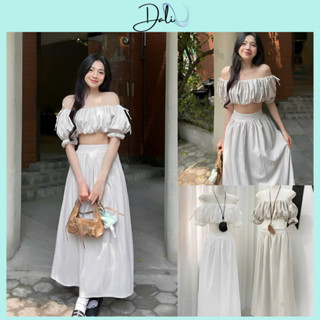 Set Maxi Đi Biển Chất Liệu Gió Nhăn Gồm  Áo Trễ Vai Nhúm Dáng Bí + Chân Váy Midi Dáng Dài