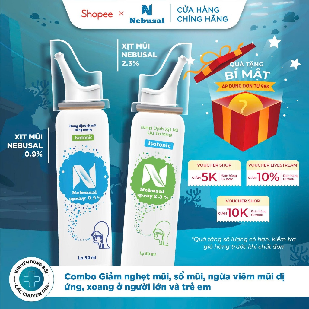 Combo Xịt Mũi Nebusal ưu trương Cho Trẻ em 3 Tuổi và Người Lớn Giảm Nghẹt Mũi, Ngừa Viêm Mũi, Xoang