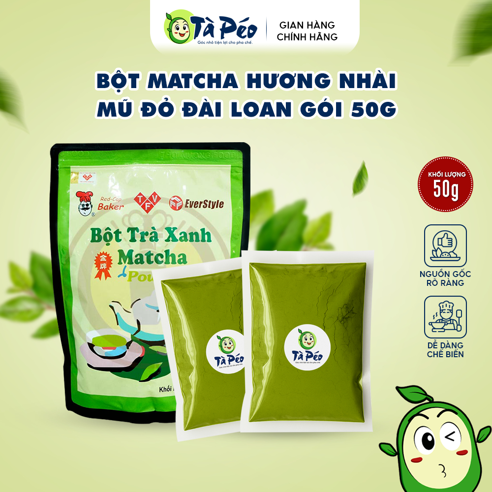 Bột Matcha trà xanh Đài Loan mũ đỏ gói 50g vị thơm nhẹ dễ uống nguyên liệu pha chế TÀ PÉO