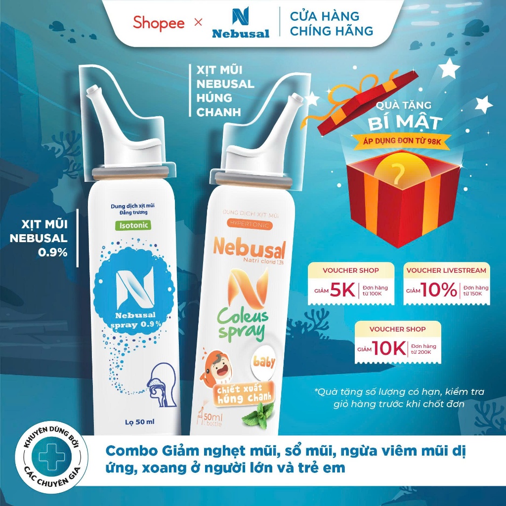 Combo Xịt Mũi Nebusal Húng Chanh, Nước Muối Sinh Lý 0.9% Bé Sơ Sinh Giảm Viêm Mũi Dị Ứng, Nghẹt Mũi