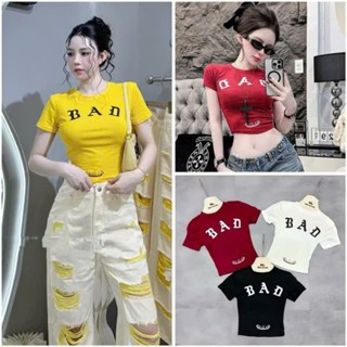 Áo thun croptop chữ BAD in 2 mặt trước sau tay ngắn ôm body cá tính