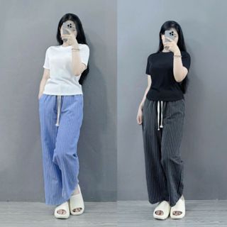Set Đồ Nữ Bigsize Áo Thun Mặc Với Quần Ống Rộng Kẻ Sọc Co Giãn Thoải Mái SET(G244+Q560)