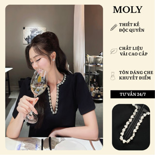 Đầm Bigsize Nữ, Váy Bigsize Thiết Kế Sang Chảnh Cổ V Ara Dress Vải Chéo Ý Cao Cấp Cổ Đính Đá – BY MOLY