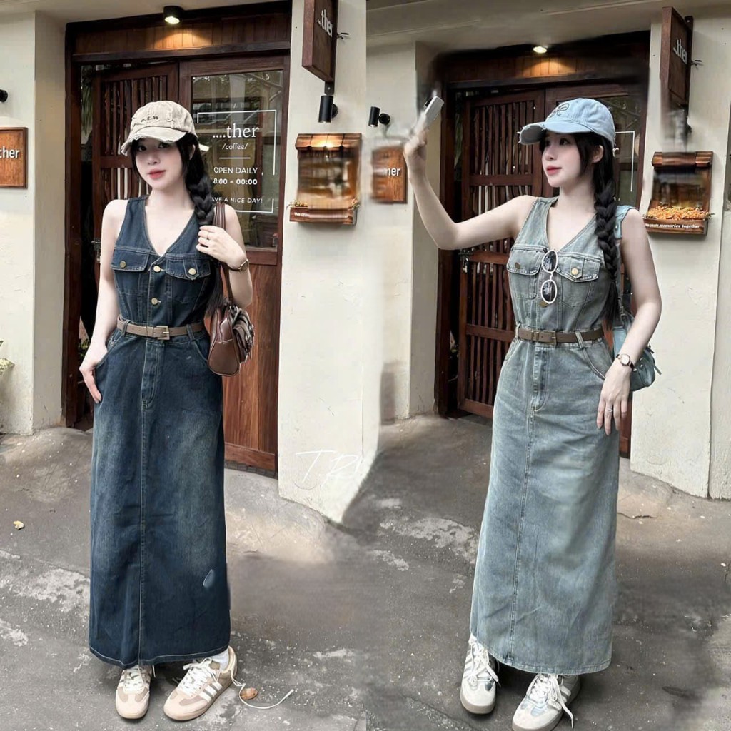 Đầm váy nữ chất jean 2 màu siêu cá tính, đầm jean cổ v sát tay dáng dài túi hộp nhún lưng sau kèm dâ