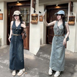 Đầm váy nữ chất jean 2 màu siêu cá tính, đầm jean cổ v sát tay dáng dài túi hộp nhún lưng sau kèm dây nịt tôn dáng xinh