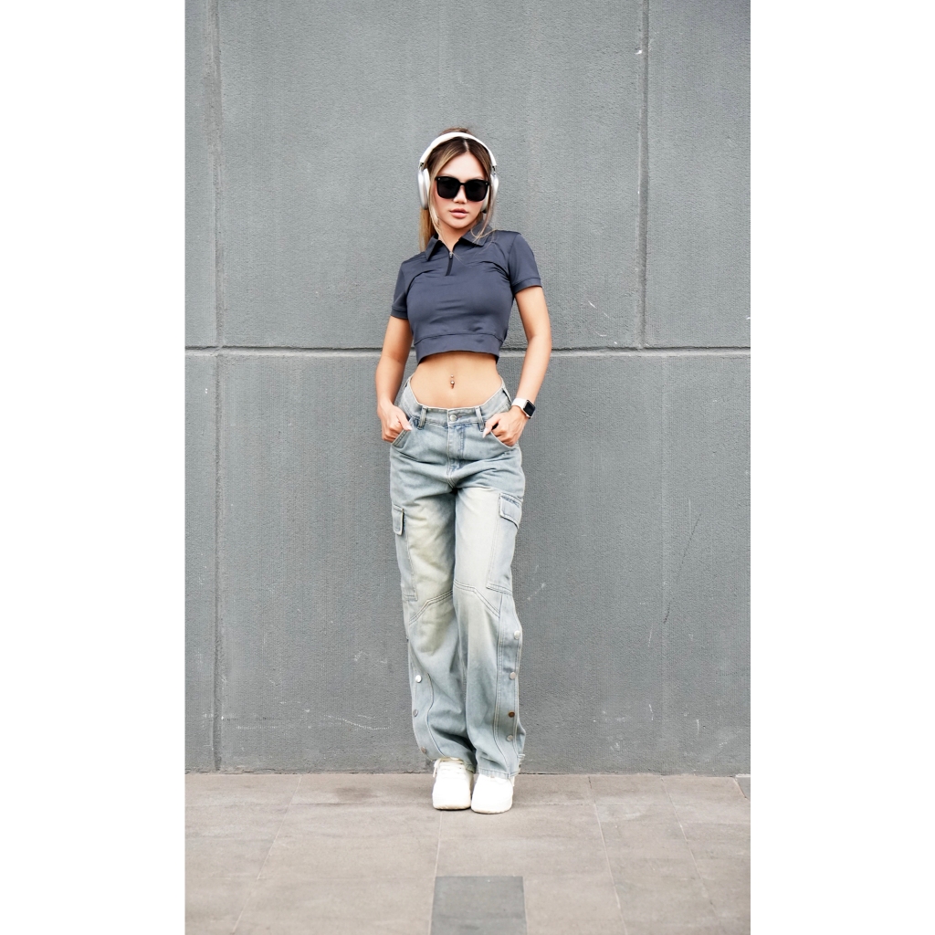 Quần Jean dáng suông,ống rộng, lưng thấp Lexuza 0169