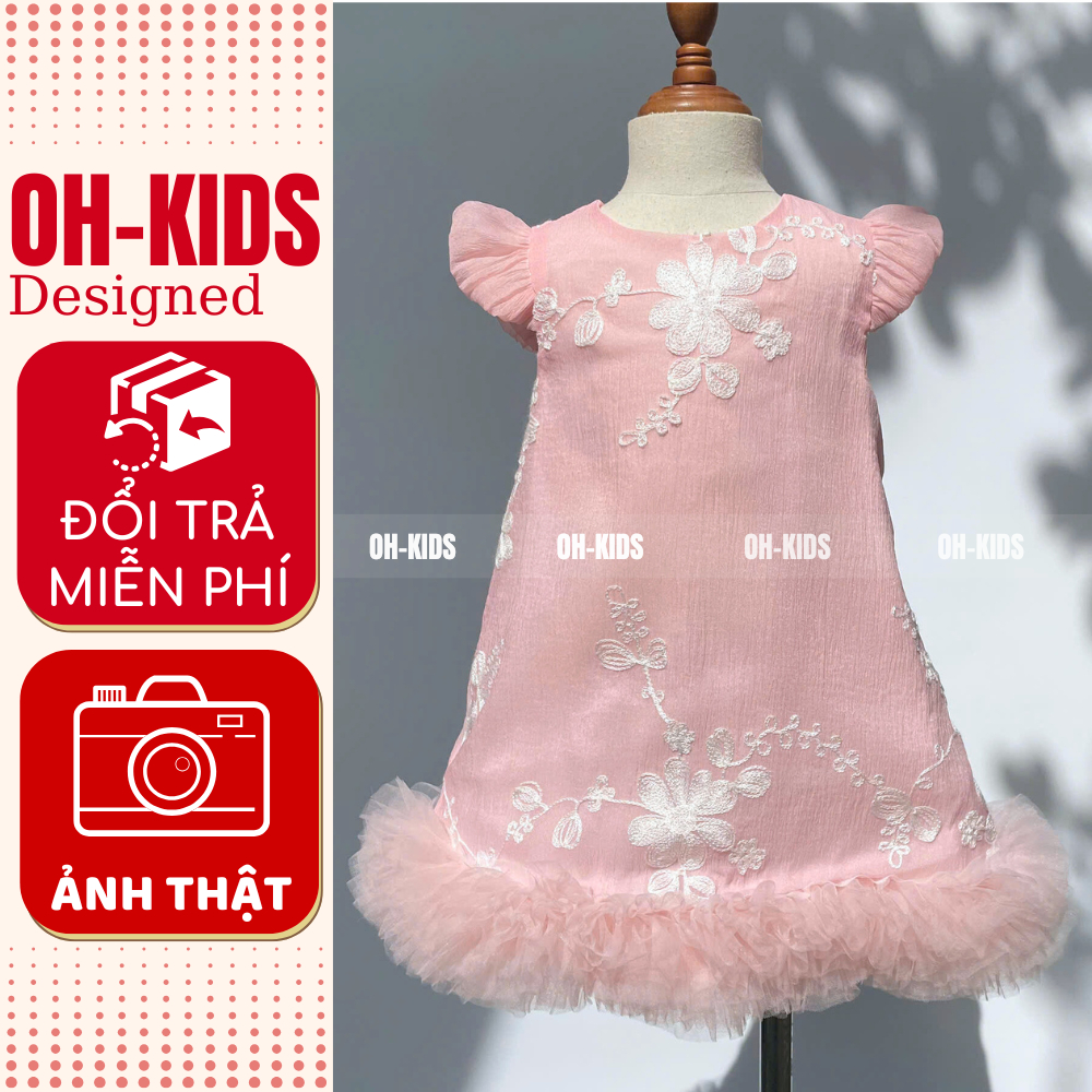 Váy công chúa bé gái hồng thêu hoa tay cánh tiên, đầm dự tiệc sinh nhật- OH KIDS OH03