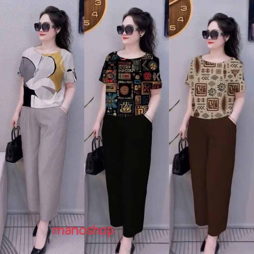  Bộ Đồ Nữ Trung Niên Cao Cấp – Áo Lụa Hàn Tay Ngắn + Quần Đũi Tơ Xước Ống Đứng – EC 